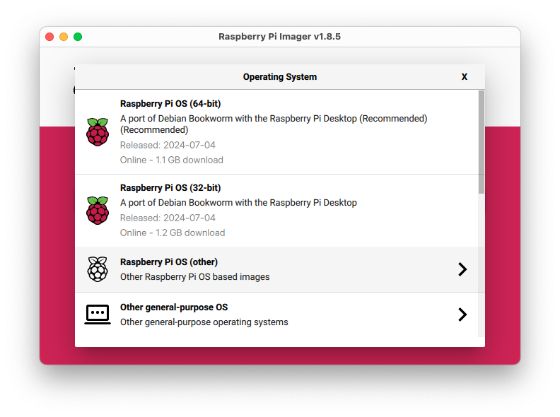 Selection of the Raspberry Pi OS Version