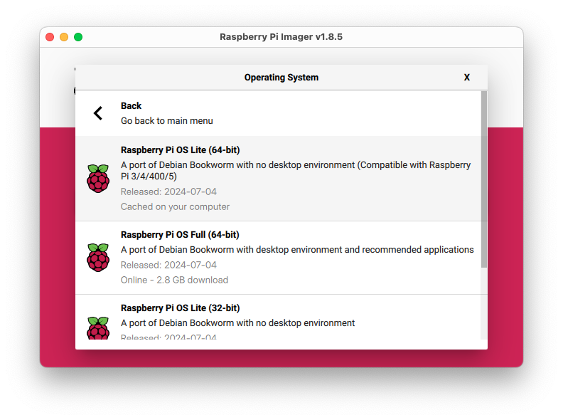 Selection of the Raspberry Pi OS Lite 64-bit Version